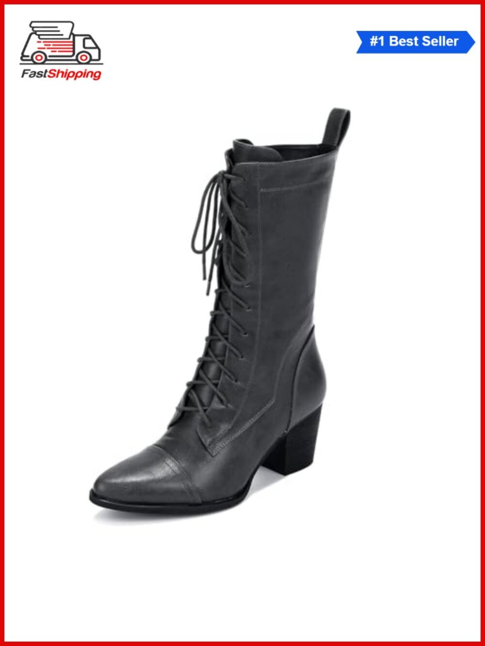 Mid Calf Combat Boots Lace Up Side Zipper Faux Fur Lining PU Leather